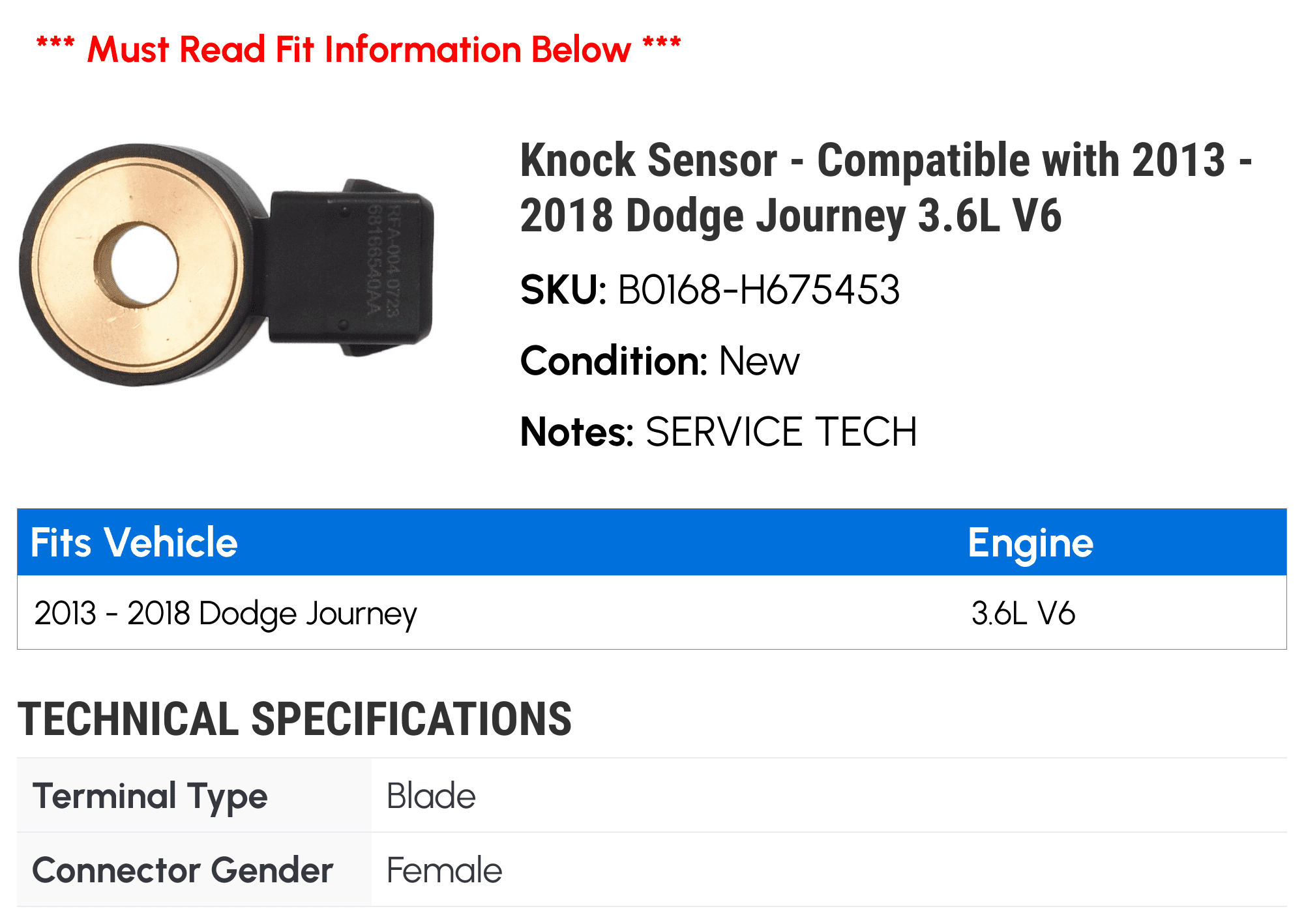 Knock Sensor - Compatible with 2013 - 2018 Dodge Journey 3.6L V6 2014 2015 2016 2017