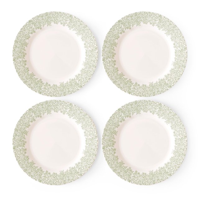 Spode Morris & Co Standen 11-Inch Dinner Plates, Set of 4 - Earthenware Dinnerware with Green Leaf Border Design, Microwave, Dishwasher, Freezer Safe - El