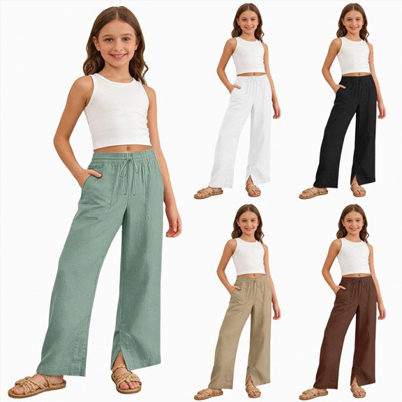 9-10 Years Juniors Girls Linen Pants Wide Leg School Pants Cozy Elastic Waist Casual Beach Trousers Sweatpants Joggers Pants Fall and Winter Mint Green Girl Pants
