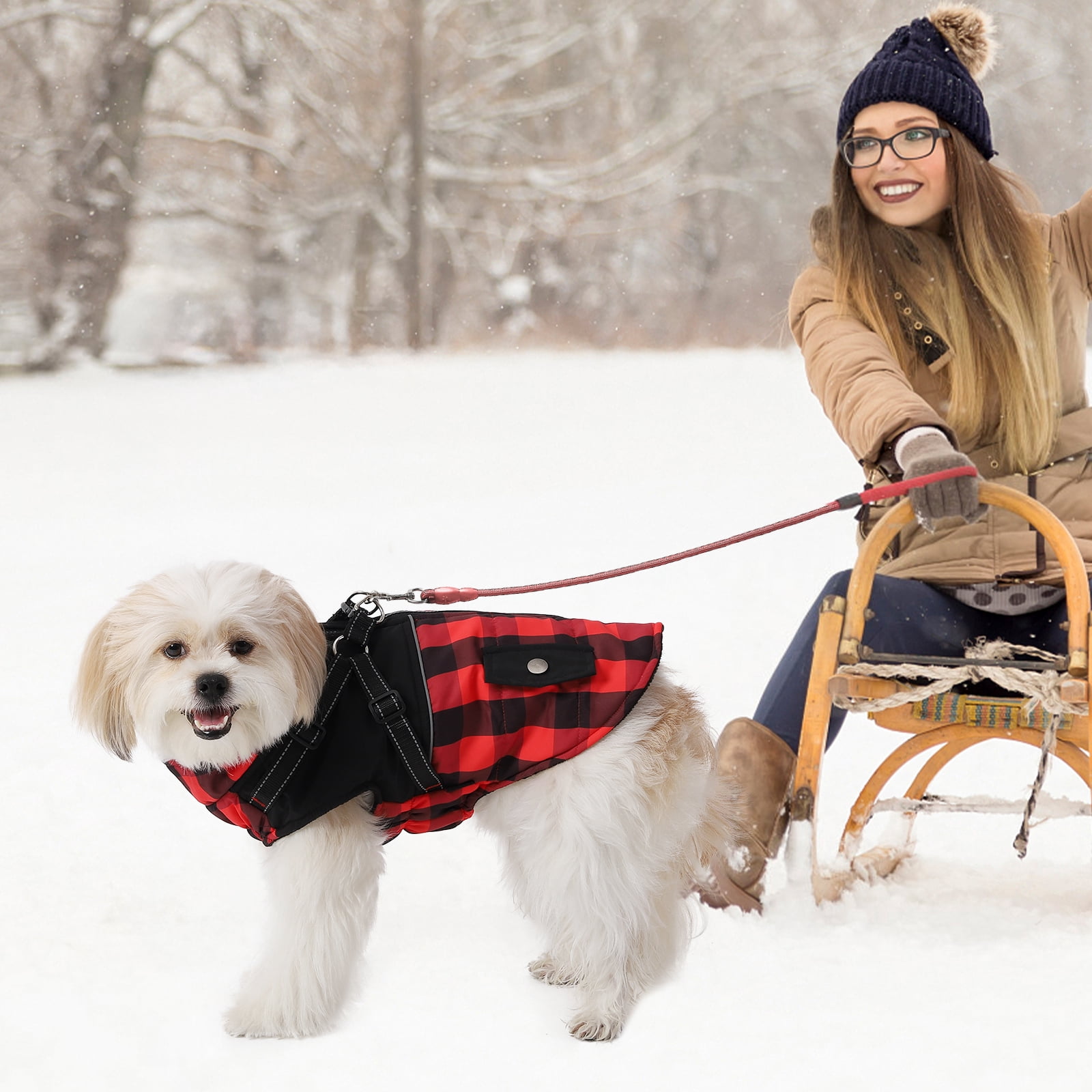 Dog Winter Jacket,Dog Plaid Coat with Harness,Puppy Vest Small Pet Clothes with Fleece Lining,Ideal for Outdoor and Indoor XS XS M