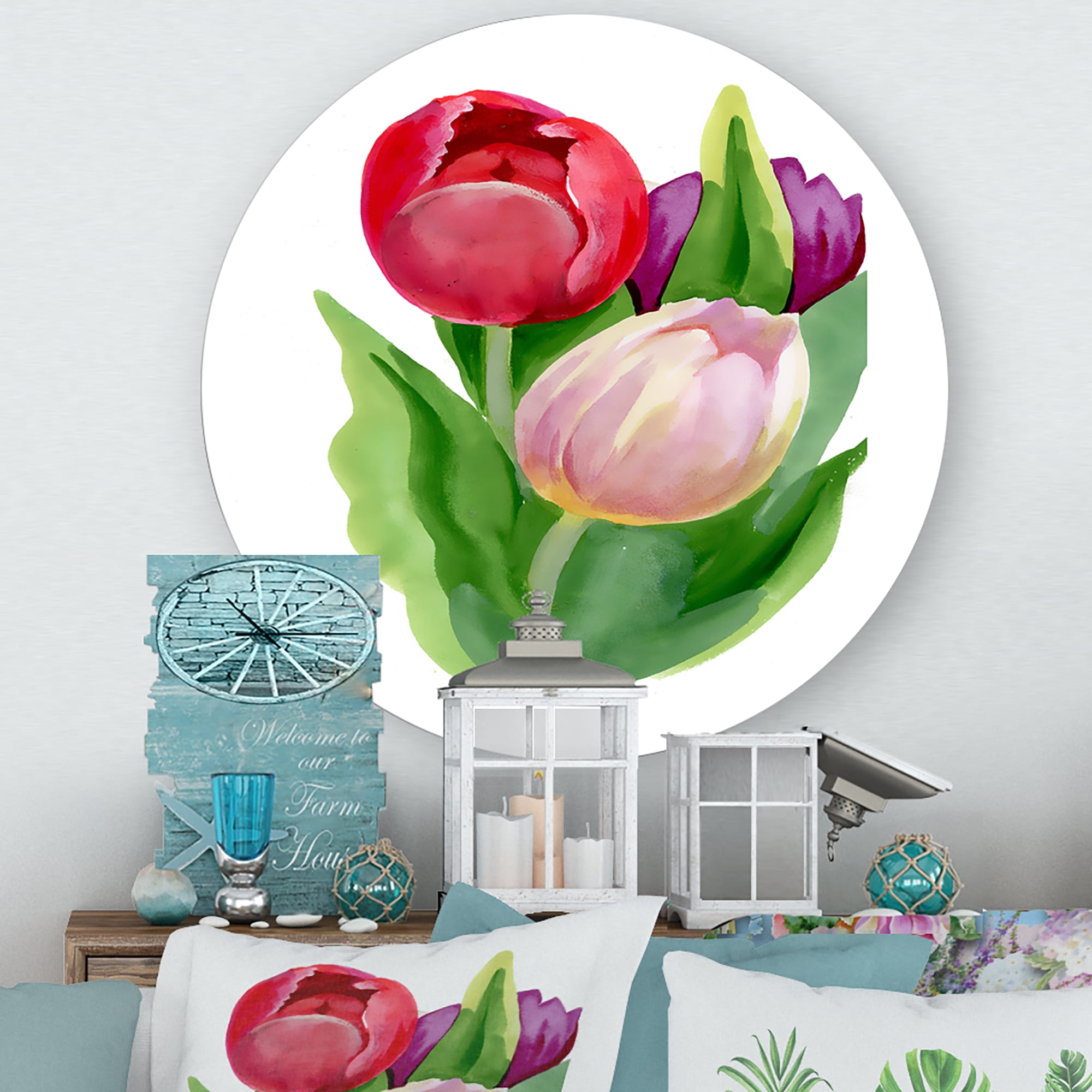 Designart 'Beautiful Tulip Flowers Red and Pink' Traditional Circle Metal Wall Art 11x11 - Disc of 11