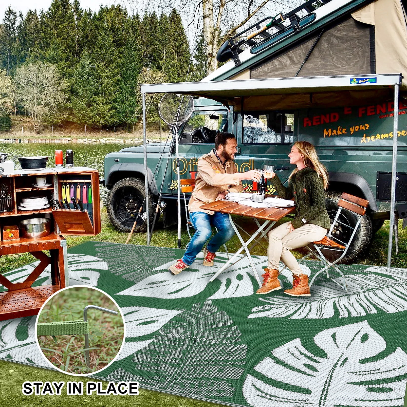 FairOnly 9'x18'Large Reversible Outdoor Area Rug Stain Resistant Rugs for Camping RV Trip