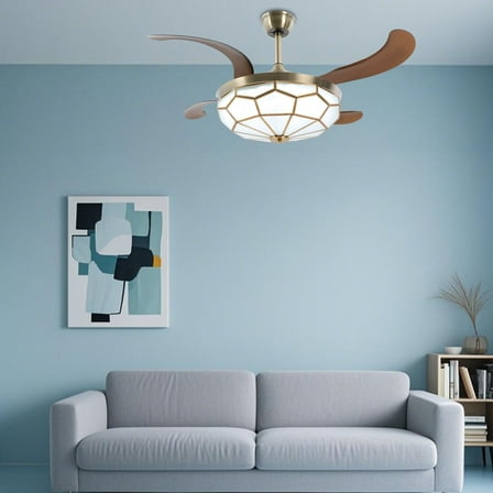 42" Tiffany Ceiling Fan Light Retractable Blades LED Chandelier Lamp Bedroom Bronze Gold for the Living Room