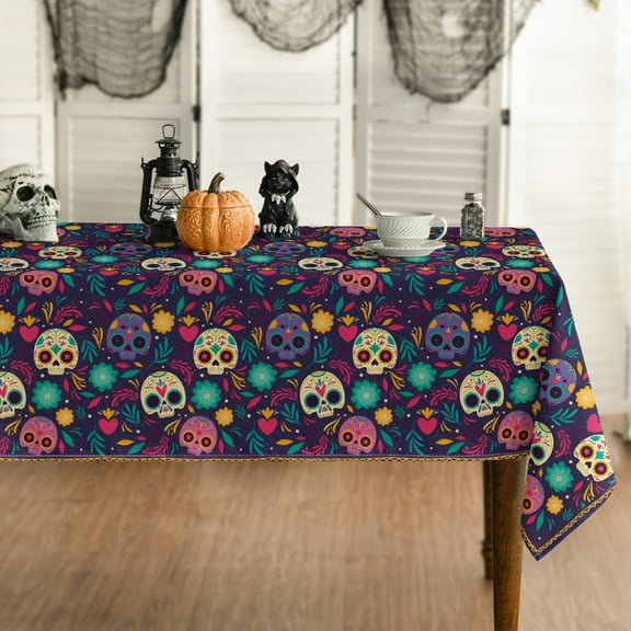 Dia de Muertos Tablecloth 60x84 Inch Rectangular, Day of The Dead Halloween Mexico Sugar Skull Table Cover for Party Picnic Dinner Decor