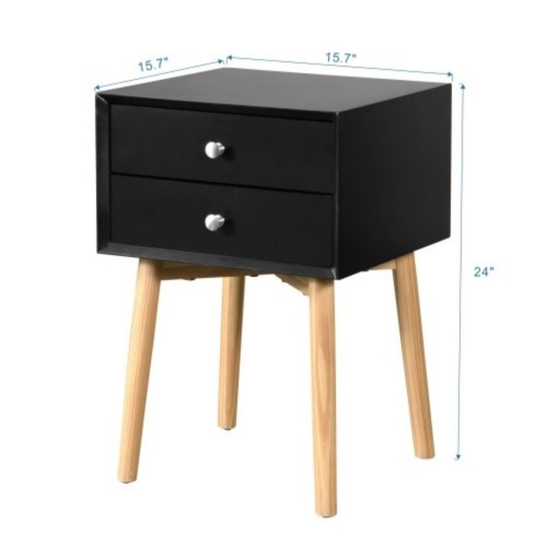 Side Table with 2 Drawers, Mid-Century Modern Nightstand with Rubber Wood Legs, Small Storage Cabinet for Bedroom Living Room, Black