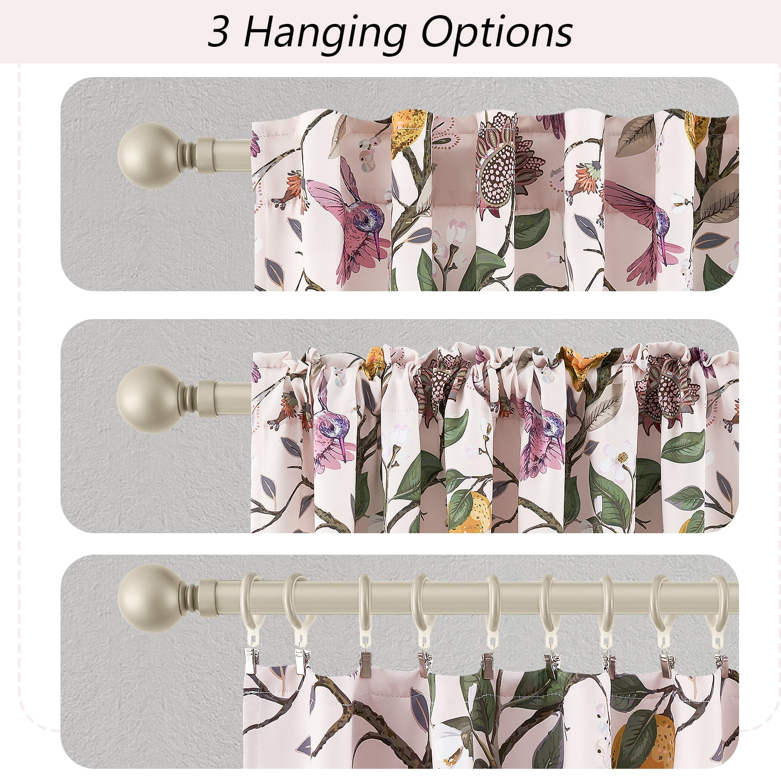 Topfinel Fancy Hummingbird Patterned Curtain,Pink Curtains for Living Room, Thermal Insulated Blackout Curtains for Bedroom, Floral Vintage Lemon Curtains 96 inch Length 2 Panels Set