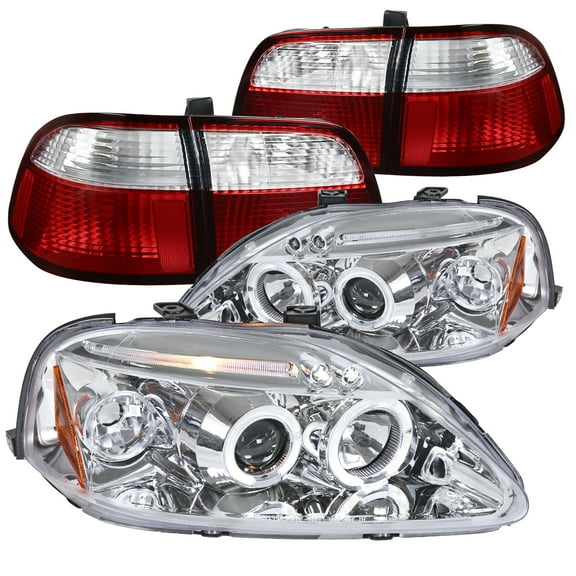Spec-D Tuning Chrome Halo LED Projector Headlights   Red Clear Tail Lamps Compatible with 1999-2000 Honda Civic 4Dr Left   Right Pair Headlamps Assembly