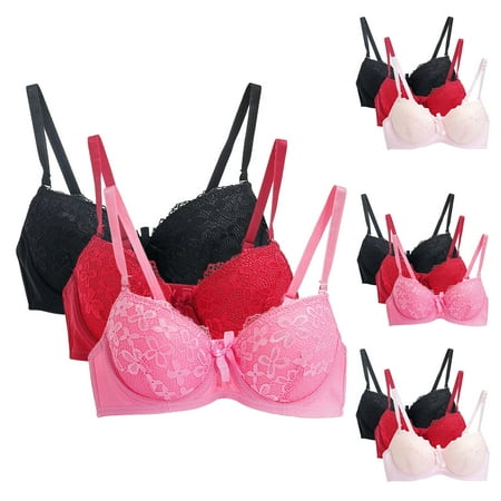 Brnmxoke Women s Stretch Lace Demi Underwire Bra Women Balconette Underwire Lace Bra V Neck Scalloped Hems 3 Pack Hot Pink L