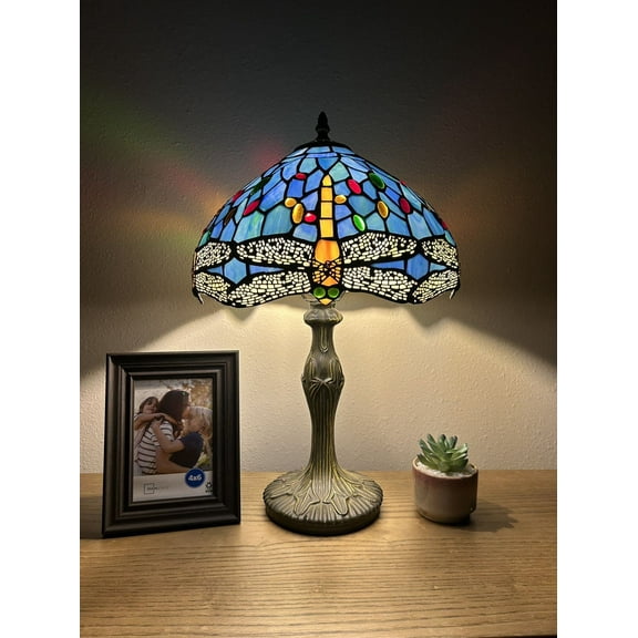 Tiffany Table Lamp Blue Stained Glass Dragonfly LED Bulb Included For Living Room Bedroom Bedside Office Hotel 12"W*19"H