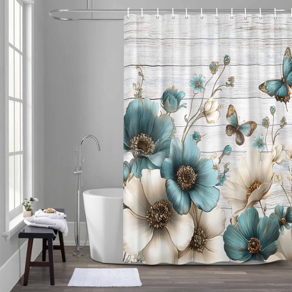 Vintage Tulip Shower Curtain for Bathroom Decor, Farmhouse White Blue Flower Butterfly Grey Wood Grain Waterproof Fabric Shower Curtain, 48"x72" Set with 12 Hooks