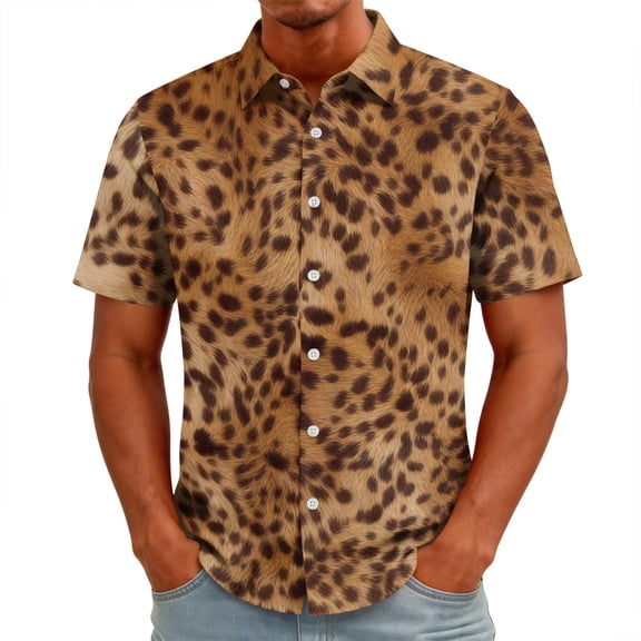 LTTVQM Men's T-Shirt Wild Animal Printed Lapel Short Sleeve Blouse Button Down Breathable Beach Gathering Casual Tops Brown 3XL