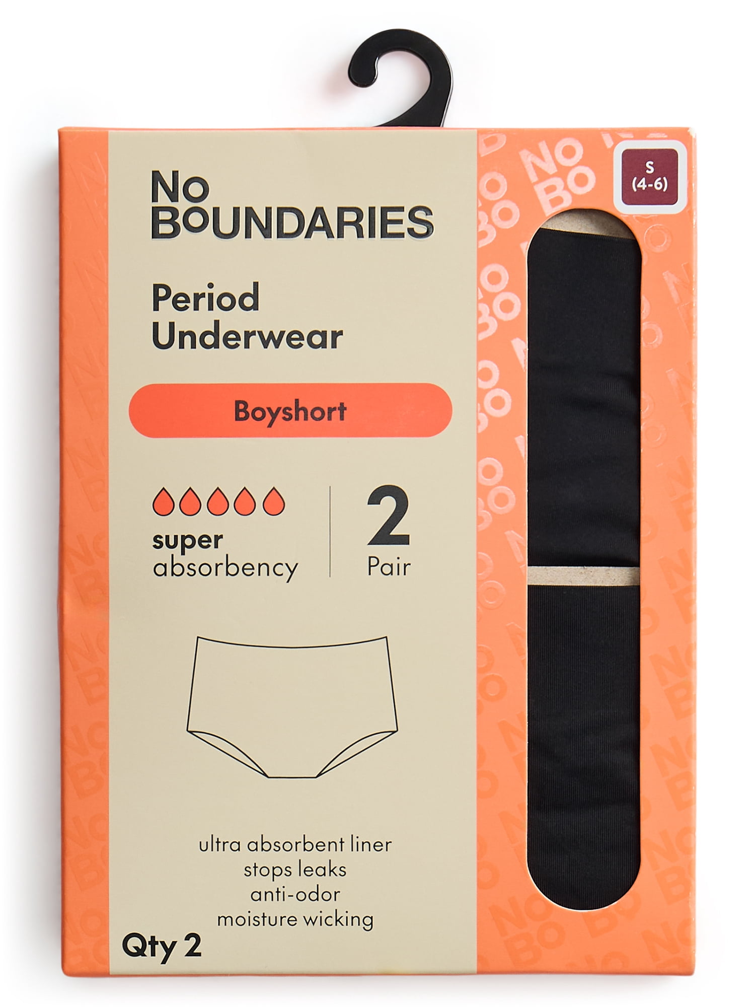 No Boundaries Boyshort Super Absorbency Period Underwear, 2-Pack, Women’s Sizes XS-XXL