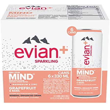 Evian+ Sparkling Mineral Enhanced Drink, Grapefruit & Basil, 11.2 Fl Oz Cans, 6 Pack