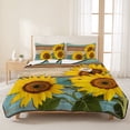 thumbnail image 3 of King Quilt Set 96''x106'', Sunflower Lightweight Bedspread Coverlet Set with 2 Pillow Shams, Yellow Spring Flora Botanical Teal Brown Wooden Breathable All Season Quilt Bedding for Bedroom/Guest Room, 3 of 9