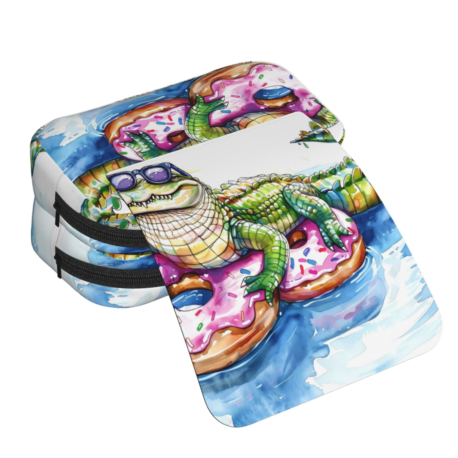 Rateoe Alligator Donut Pool Float Pattern Double Clamshell Pen Case, Storage Organizer with Two Zipper Compartments– Holds Up to 50 Pencils & Pens