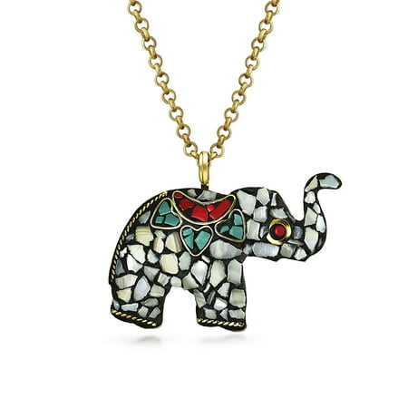 - Bali Tribal Style Large Long Mosaic Stones Fashion Elephant Pendant Necklace For Women Gold Bronze Tone Metal