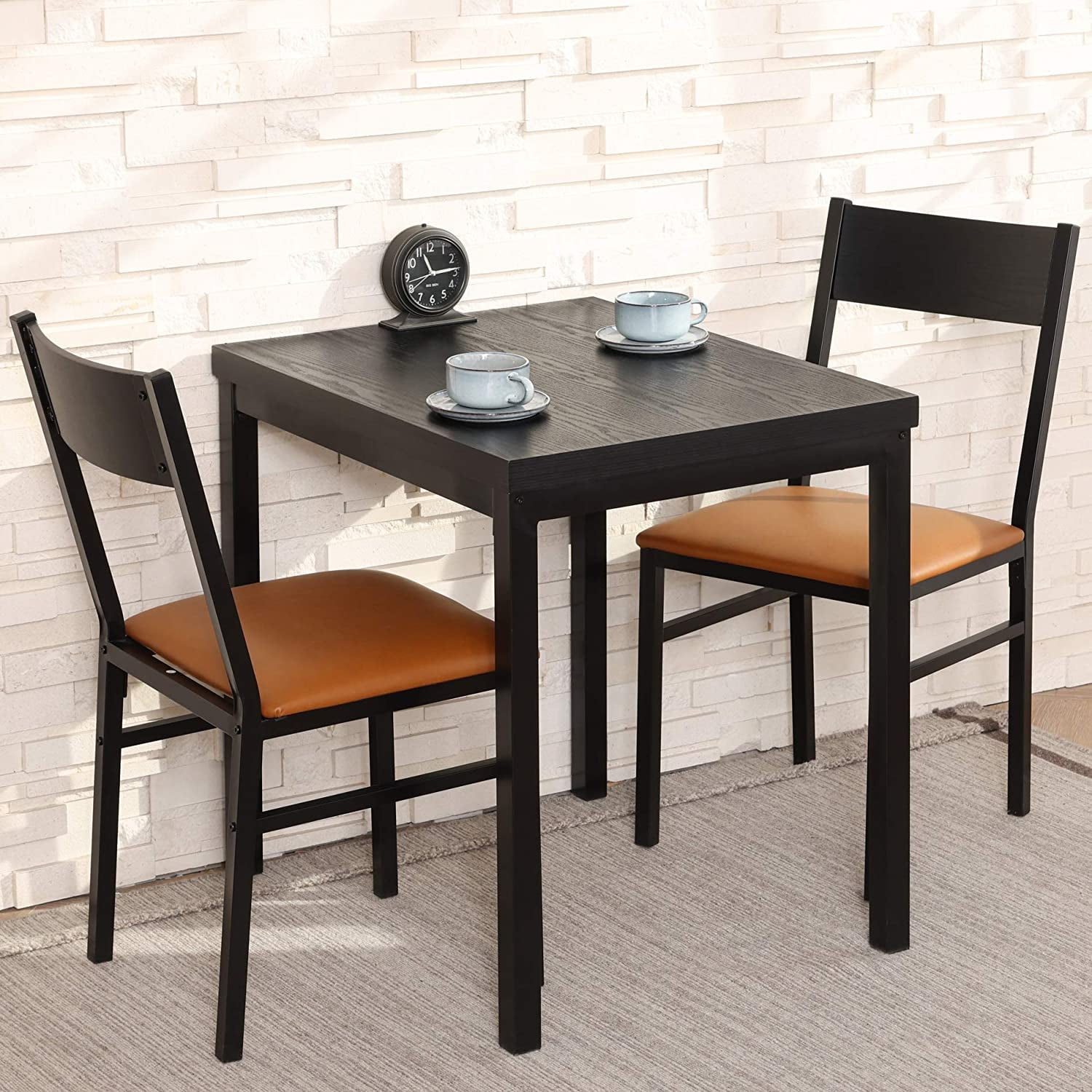 FITUEYES 3 Piece Dining Table Set of 2 with Cushioned Chairs, Black and