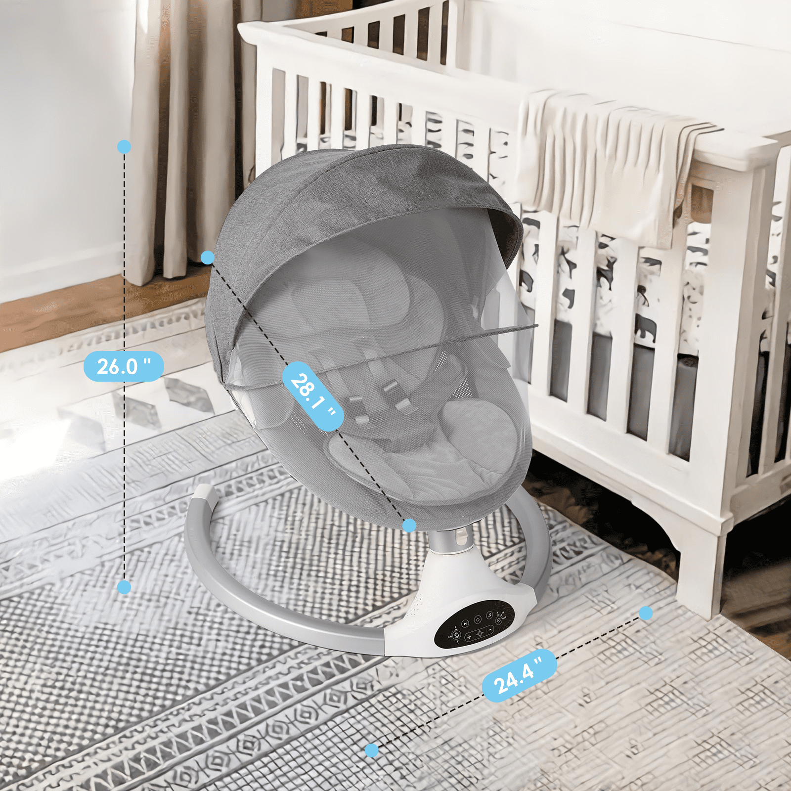 Baby Swing for Infants - Electric Infant Swing with 3 Swing Speeds and 10 Lullabies, Portable Indoor Baby Rocker, Touch Screen and Remote Control, Grey