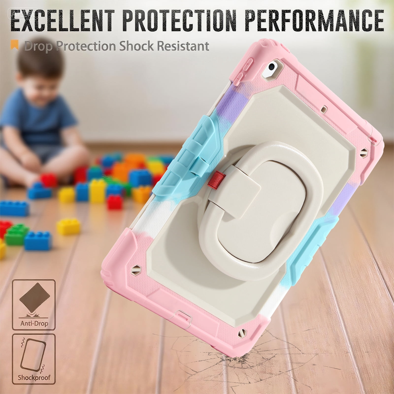 DOMAVER Case for iPad 9th/8th/7th Generation (iPad 10.2 inch, 2021/2020/2019), Heavy Duty Rugged Cover for Kids with Screen Protector, Pencil Holder, Rotating Stand/Handle, Rainbow Pink