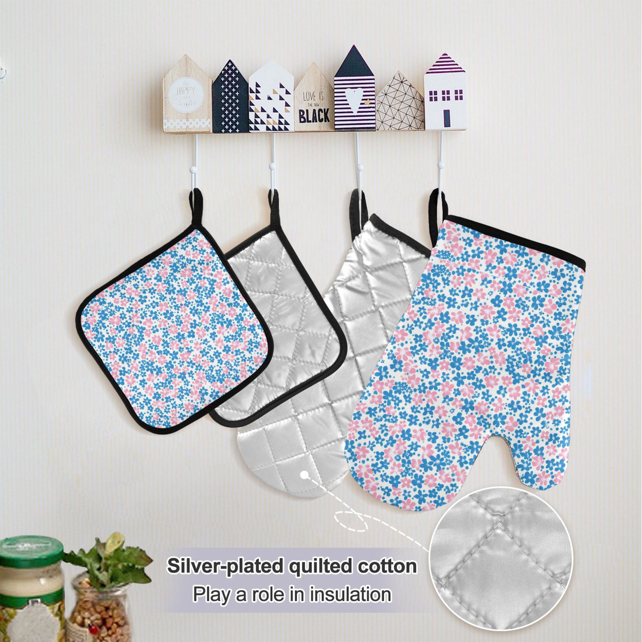 Blue and Pink Small Flowers 5 Pcs Kitchen Set Heat Resistant Oven Mitts and Non-Slip Pot Holders with Adjustable Cooking Apron