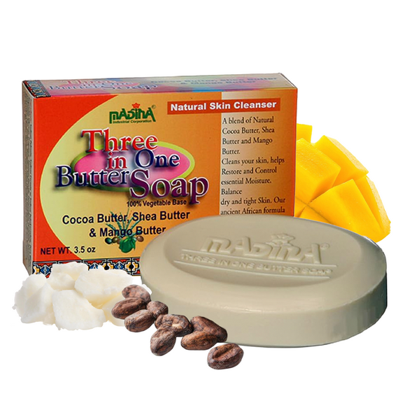 Madina Three in One Butter Soap Bars, Moisturizing Skincare, 3.5 oz Each, 6 Pack