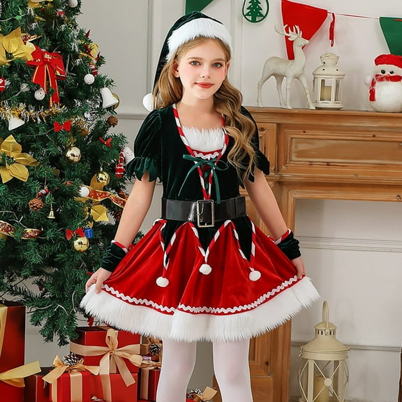 Teen Boy Elf Outfit Short Sleeve Dress Hat 2 Pairs of Gloves Belt Set Teen Christmas Outfits for Girls Party Dress Up 11-12 Years