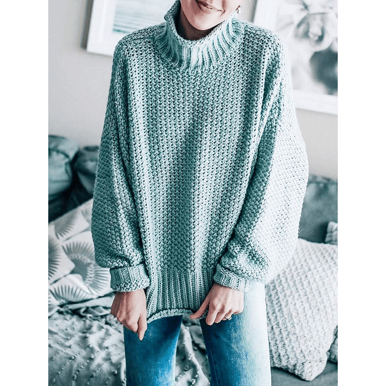 PrettyGuide Women's Mockneck Sweater Dolman Sleeve Oversized Cable Knit  Pullover Sweater M Mint Green 