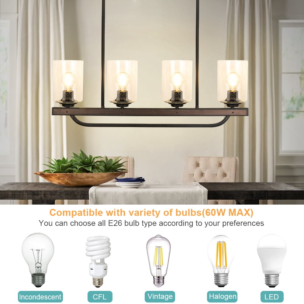 Depuley 4 Light Glass Pendant Light Rustic Track Ceiling Light Metal Wood Chandelier Lighting Fixture Hanging for Living Room Kichen Dining Restaurant, E26 Base