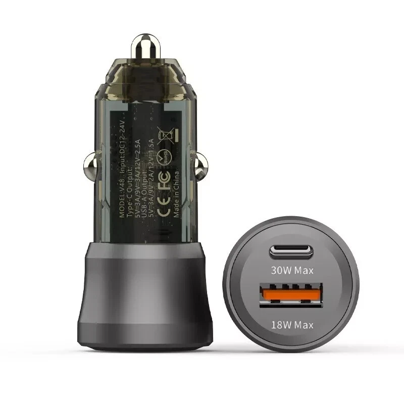 2Pcs Mini 48W Qc18W+Pd30W Car Charger Cell Phone Fast Charge Adapter Accessories