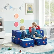 Ulax Furniture Modular  Kids Loveseat/ Sleeper Sofa/ Play Set 3-in-1 Multi-Functional Toddler  Convertible Flip Chair with 2 Ottomans, Blue