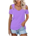 thumbnail image 2 of Pincandy Women Summer Sexy T- Shirt Cold Shoulder Pullover Cold Shoulder Tops Short Sleeve V Neck T Shirts Basic Summer Tees,Purple,XL, 2 of 8