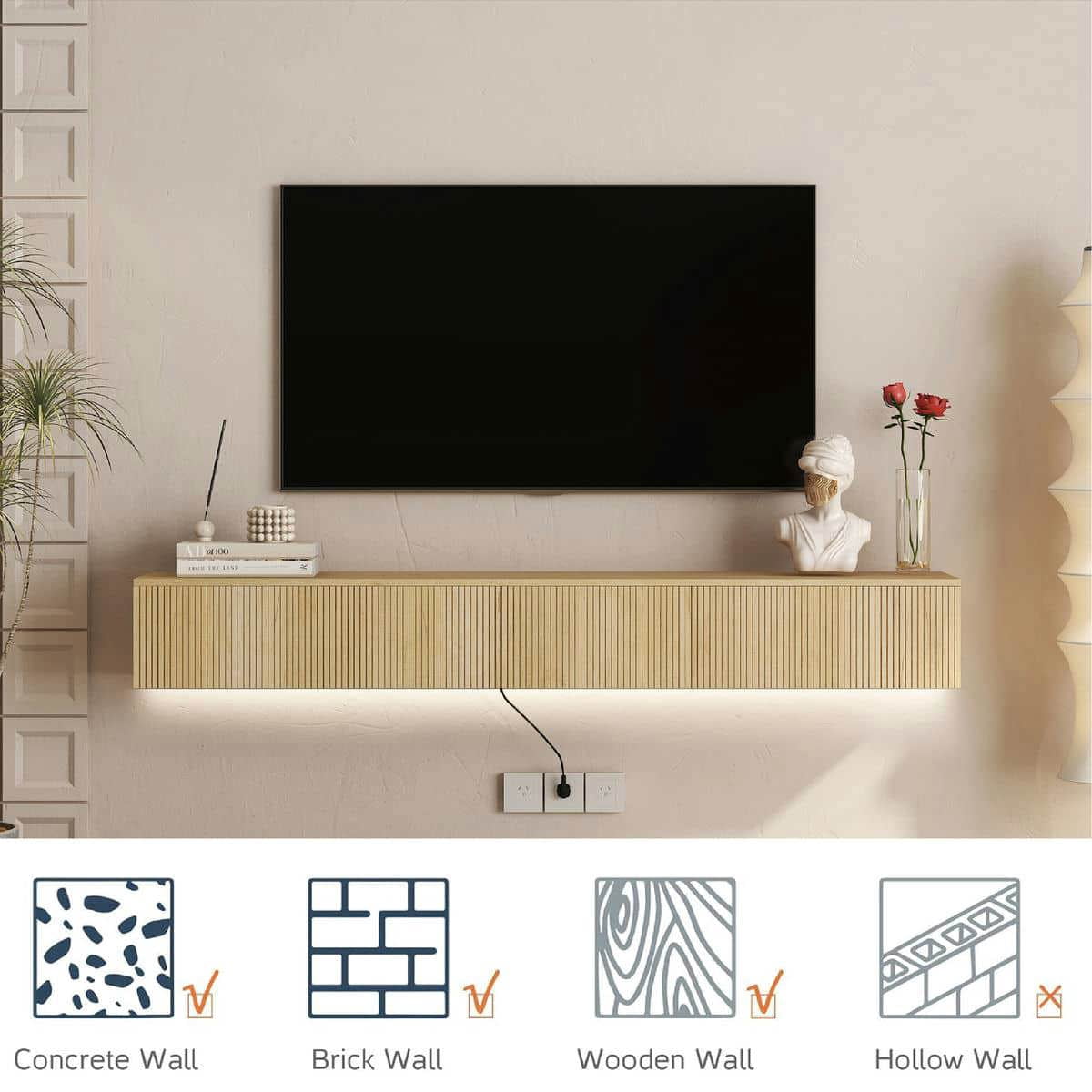 Kadyn TV Console Table, Entertainment Center,TV Stand,Floating TV Stand Wall Mounted with 16 Color LEDs,69" Modern Entertainment Center for 55 60 65" TV, Natural