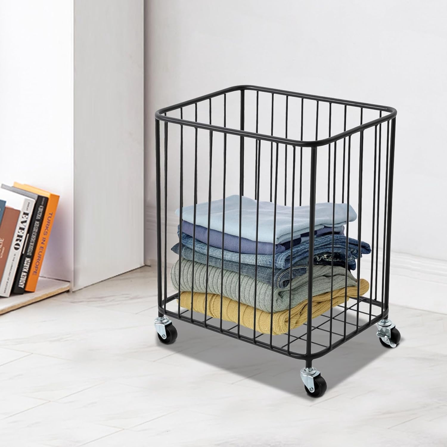 Floor Laundry Hamper with Wheels, Modern Laundry Basket Cart Rolling Storage Hamper Metal Storage Cart Gold for Bathroom Laundry Room Bedroom Living Room