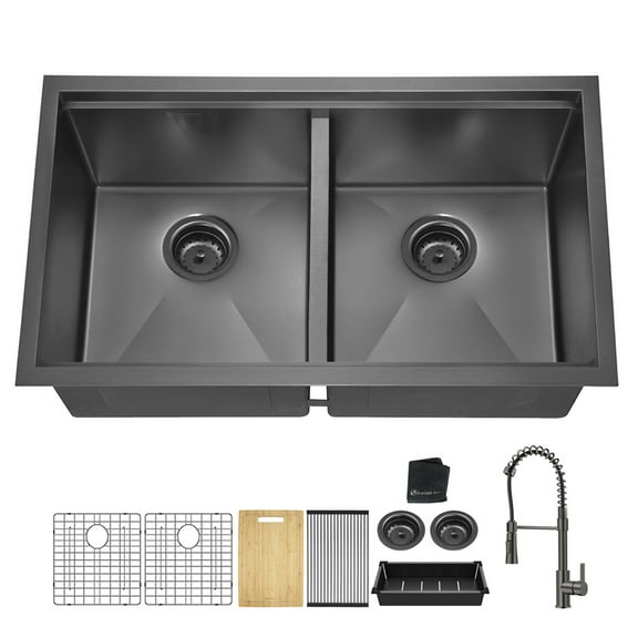 Double Bowl Black Undermount Workstation Kitchen Sink - 33x19 Gunmetal Black 18 Gauge Stainless Steel Deep Undermount Double  Bowl Workstation Sink