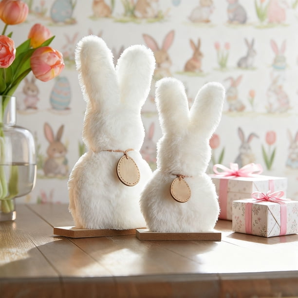 Decoraciones de Pascua, Adornos de Pascua, Regalos de Pascua Juego de 2 Conejos Decorativos Conejito de Pascua de Madera Blanco Soporte de Decoración de Pascua Conejos de Madera Decoración de Mesa de