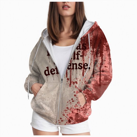 Towmus Women's Halloween Hoodies, Scary Tie-Dye Letter Printed Zip Up Drawstring Hooded Jackets With Pockets, Long Sleeve, XS-6XL