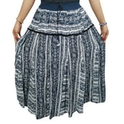 Mogul Women's Long Skirt Blue Printed Tiered Summer Maxi Skirts