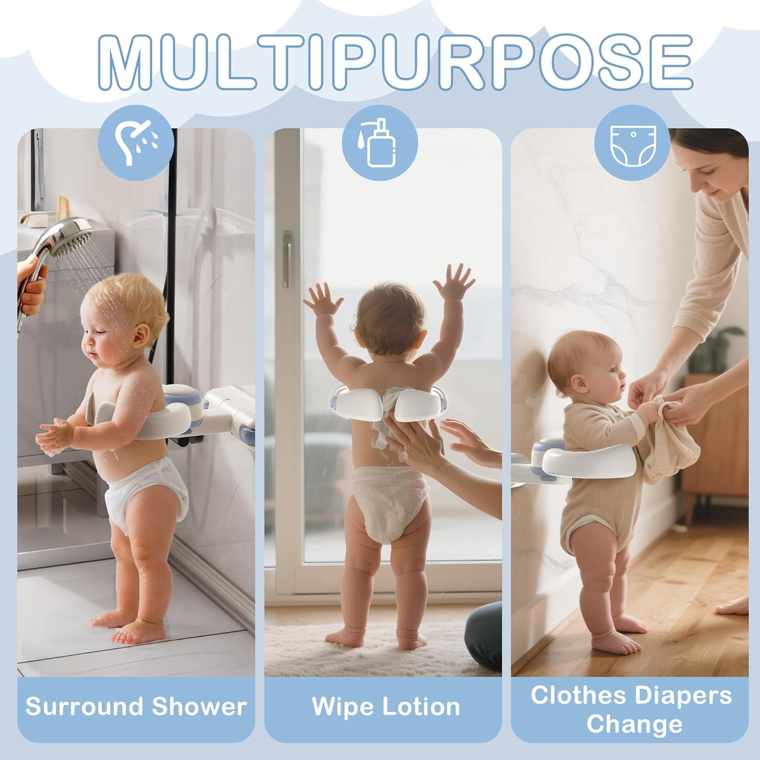 Baby Bath Support Stand - Adjustable Height Wall Mount with Suction Locks, Safe ABS Frame for Infant Tub , Foldable & Secure Seated Support(6-36 Months)