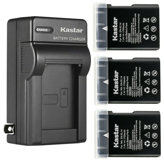 Kastar 3-Pack EN-EL14 Battery and AC Wall Charger Replacement for Nikon EN-EL14a, EN-EL14b , EN-EL14 Battery, Nikon MH-24a, MH-24 Charger, Nikon D3500 DSLR Camera, D5100 DSLR Camera, D5200 DSLR Camera