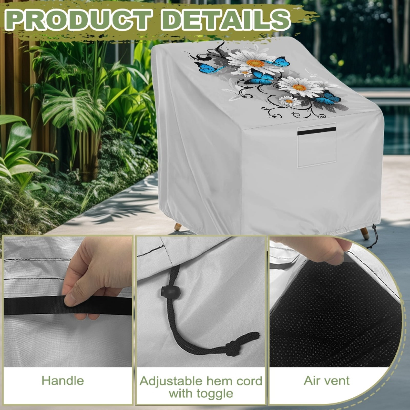 Renewold Waterproof Outdoor Chair Covers Windproof Lounge Deep Seat Covers Funiture Covering for Stackable Furniture Seating, 38"W x 38"D x 36"H, Butterfly Daisy Gray