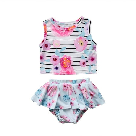 

TOPGOD Little Girls 2 Pieces Outfit Floral Print Stripe Vest And Ruffled Bloomers Shorts Set