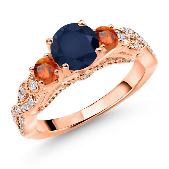 Gem Stone King 18K Rose Gold Plated Silver Blue Sapphire Orange Sapphire and White Moissanite Engagement Ring for Women (1.69 Cttw, Gemstone September Birthstone, Round 6MM and 3MM, Size 9)
