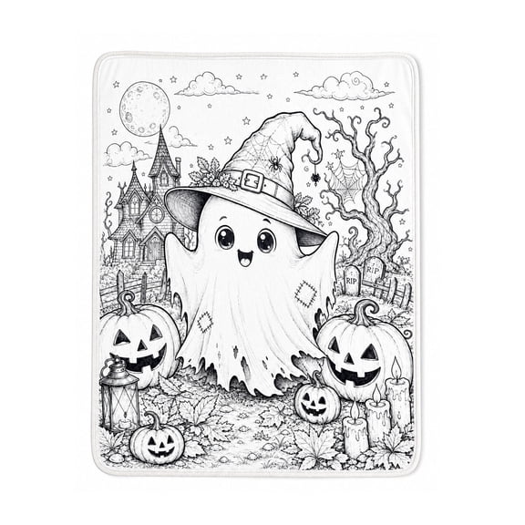 Dpityserensio DIY Halloween Coloring Blanket with 24 Markers 50x59 Inch Spooky Home Party Decor