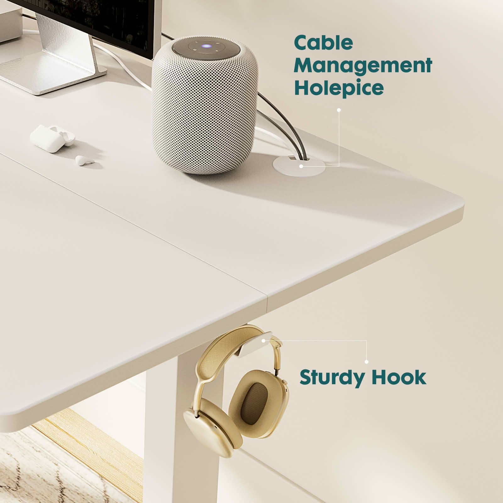 MAYEERTY 48x24 Ergonomic Height Adjustable Desk, T-Shaped Metal Bracket, Computer Workstation, White