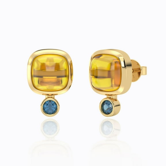 Natural Gemstone Earrings with 14K Gold Plated Finish | Yellow Citrine & Blue Topaz Studs Earrings