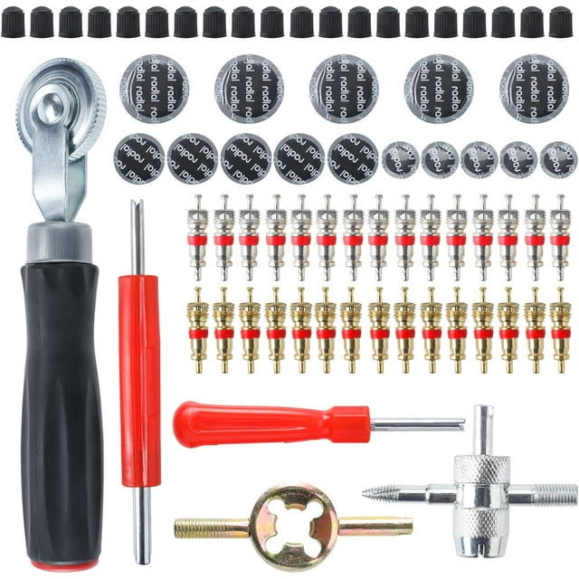 LAICAIW Ensemble d'Outils de Réparation de Pneu, 70 Pcs Kit de Réparation de Pneu, Incluant Noyaux de Valve, Capuchons de Valve de Pneu, Patchs de Réparation de Pneu, Outil de Valve 4 Voies, Outil de Réparation de Noyau de Valve à Double Tête