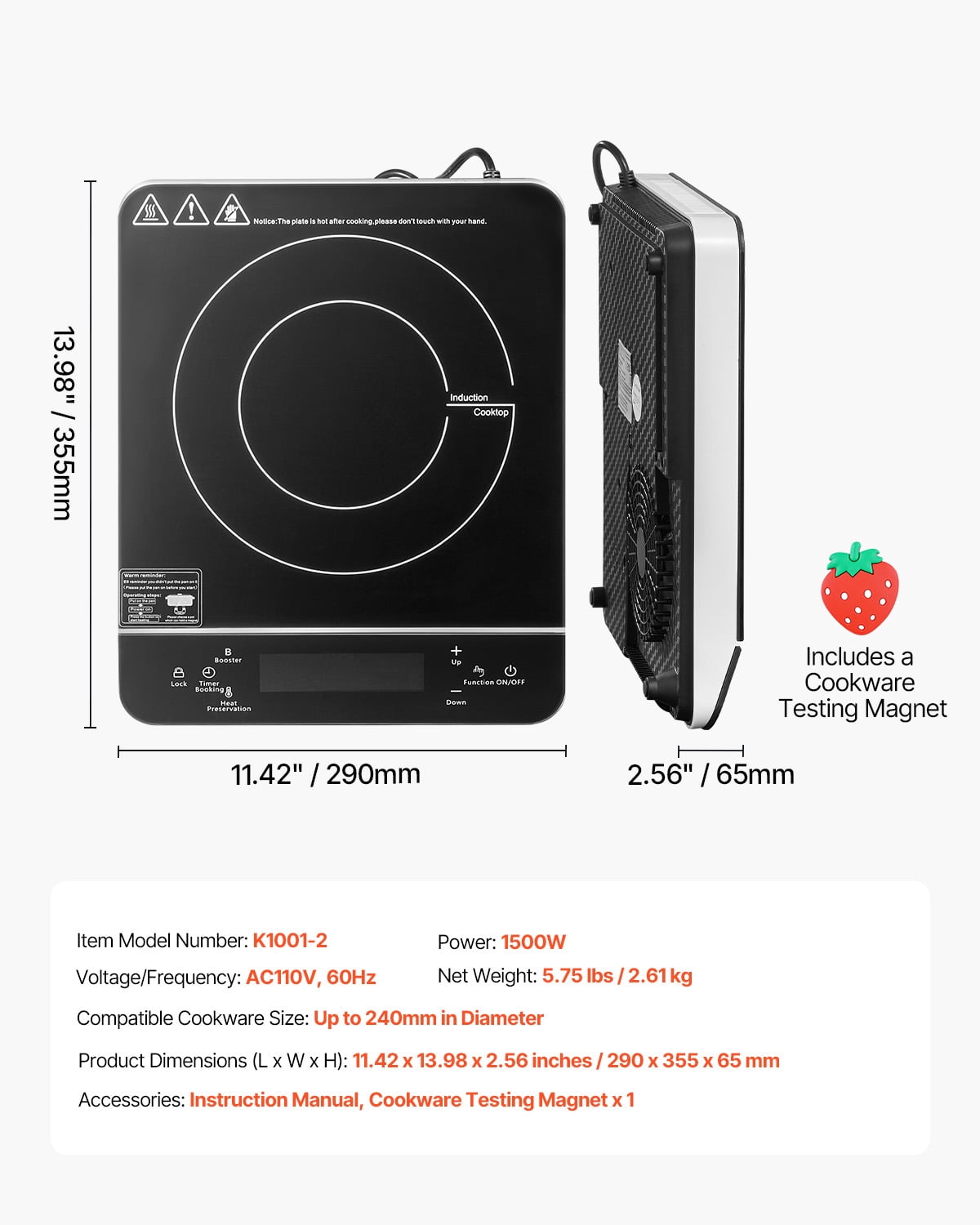 KFFKFF Compact Induction Stovetop, 1500W Electric Induction Heater with Nine Heat Levels, Tabletop Induction Cooking Plate with 4-Hour Timer, 24-Hour Pre-set, Child Safety Feature, Simple to Clean