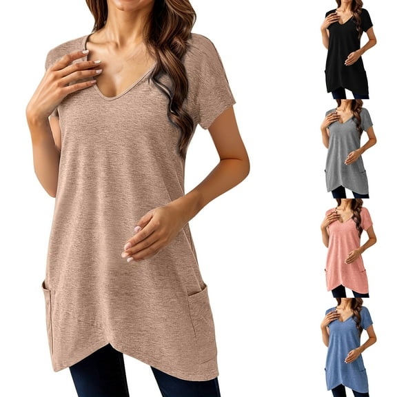 Womens Short Sleeve Tunic Top With Pockets Comfortable Casual Wear For Leggings S To 3XL
