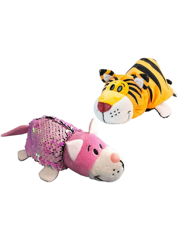 FlipaZoo FB Flipquins - 2 Pack (Elephant/Tiger & PkCat/Mouse) - Plush Comes with Reversible Sequin Body