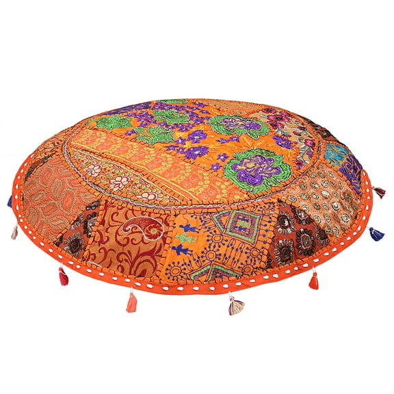 Stylo Culture Indian Boho Floor Pillow Vintage Patchwork Cushion Cover Orange Oversized 40x40 Inch Decorative Round Decor Seating Tuffet Seat Pouf Cover Footstool Cotton Embroidered 1 Pc